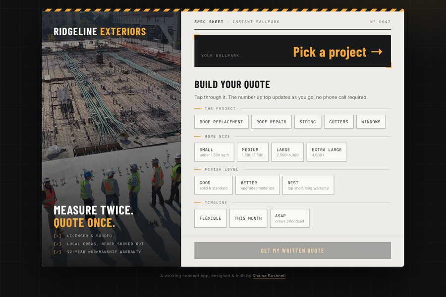 Ridgeline Exteriors instant quote app
