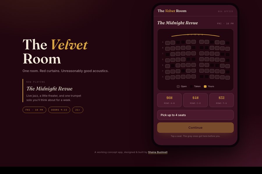 The Velvet Room seat picker ticketing app