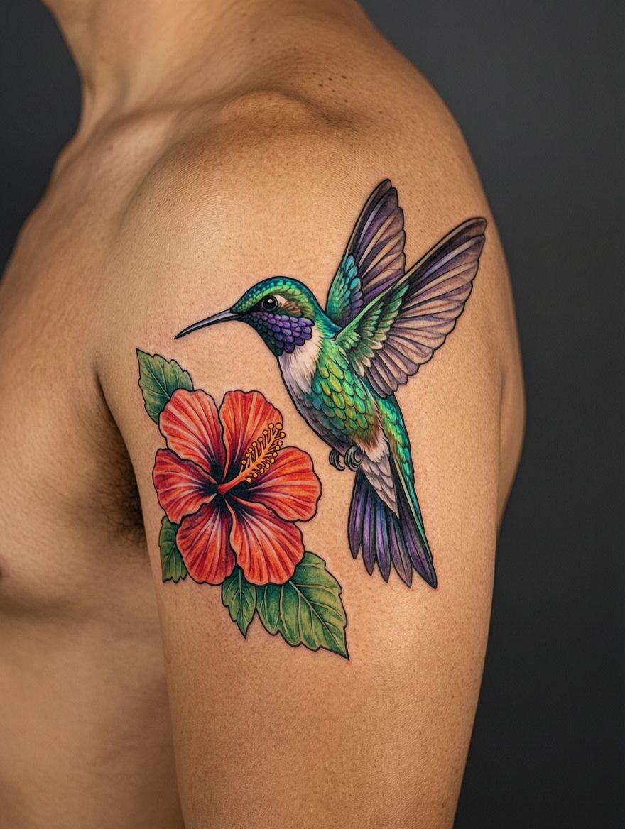 Color realism hummingbird and hibiscus tattoo on an upper arm, by Juno