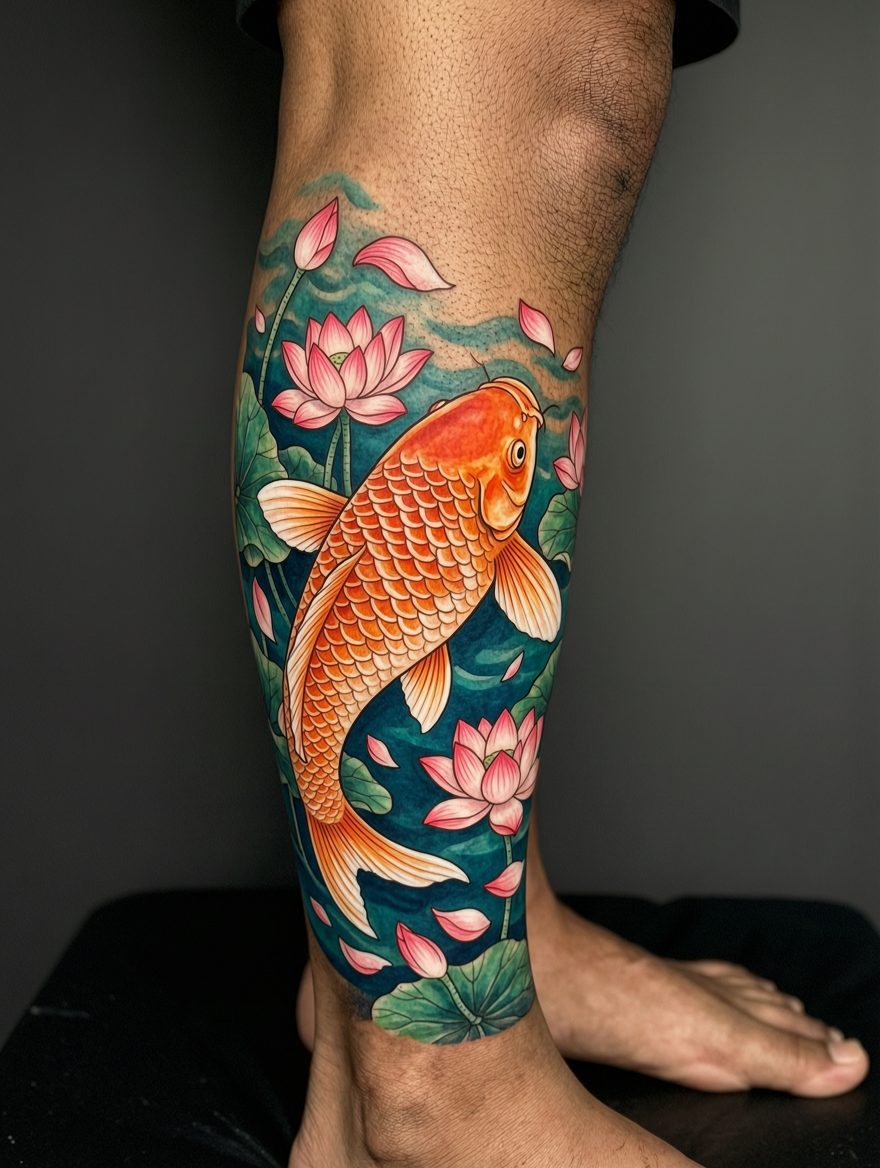 Color realism koi fish tattoo on a calf, by Juno