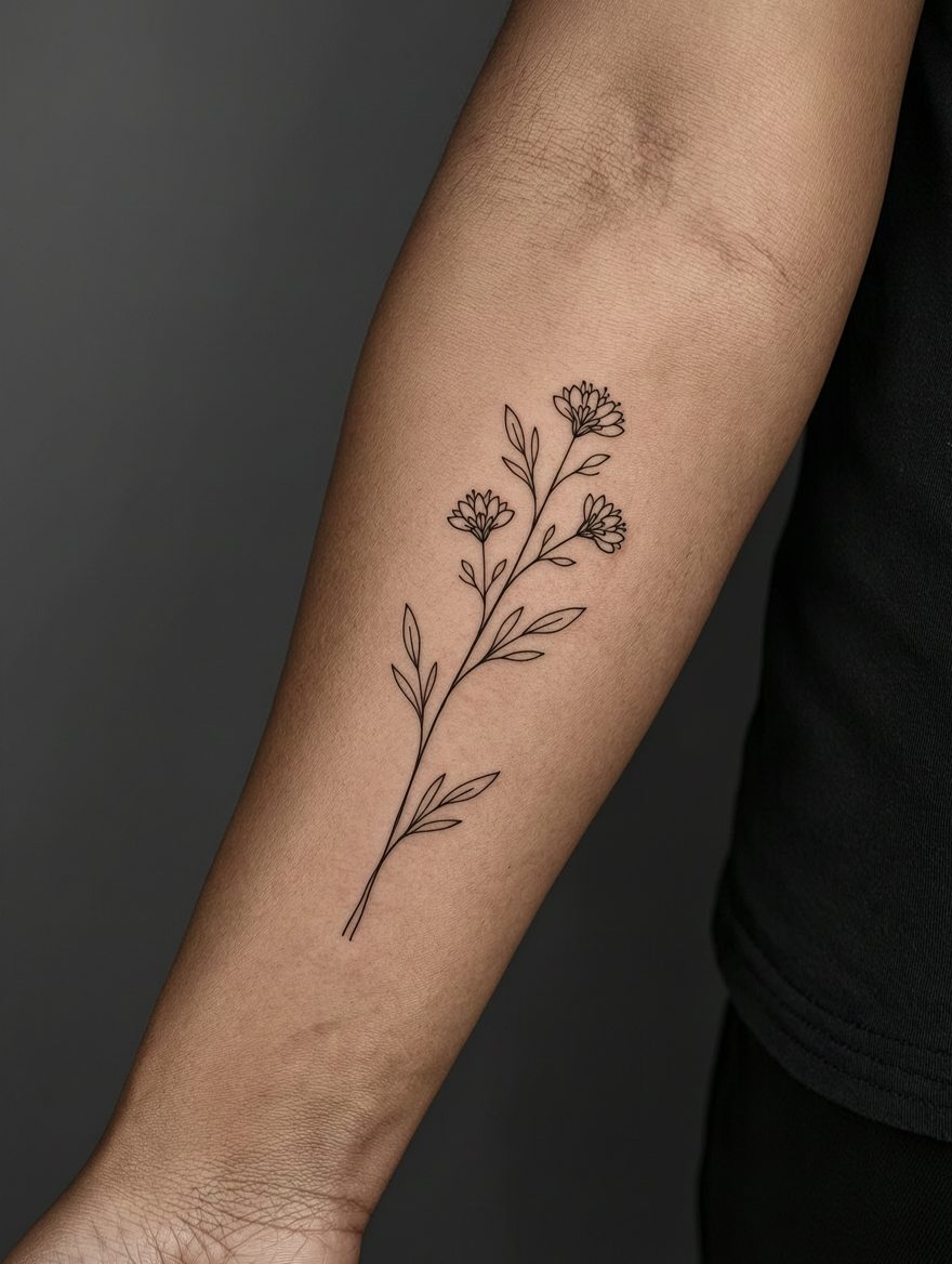 Fine line wildflower stem tattoo on an inner forearm, by Mars