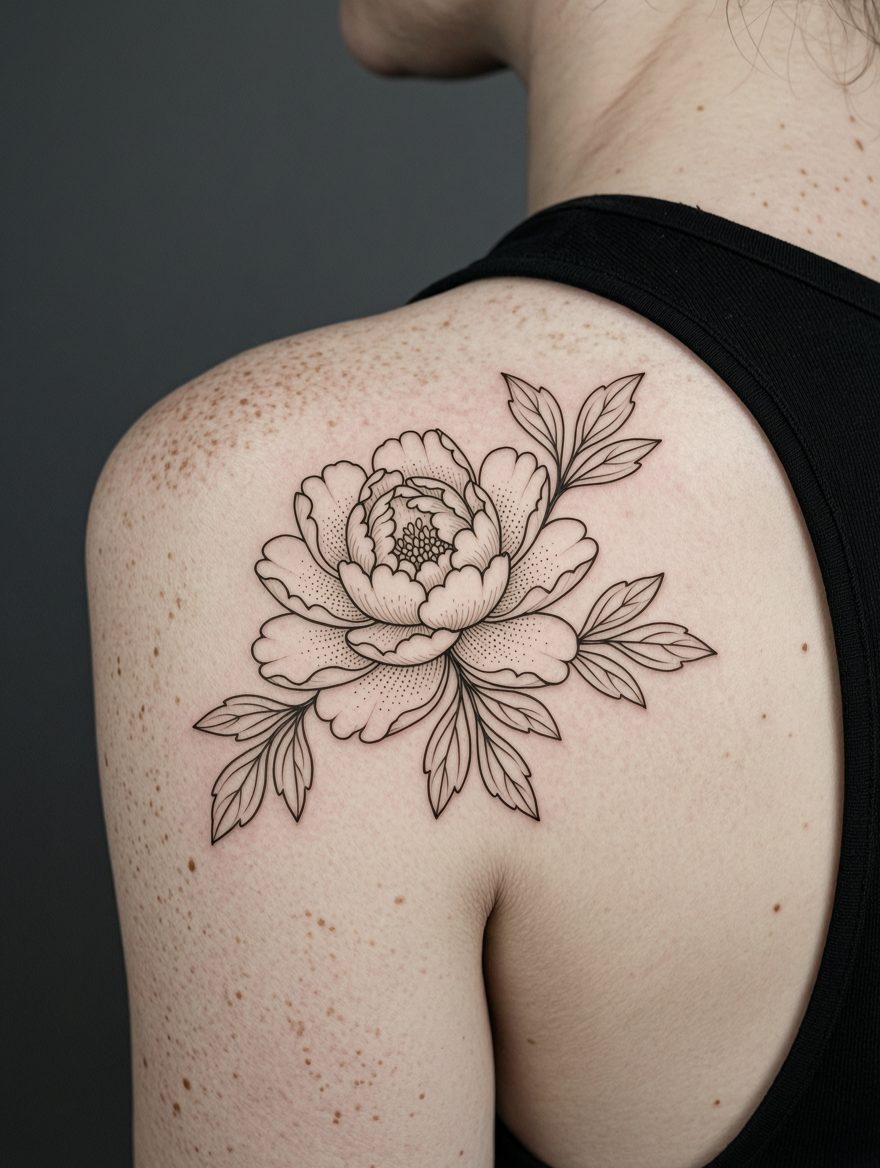 Fine line peony tattoo on a shoulder blade, by Mars