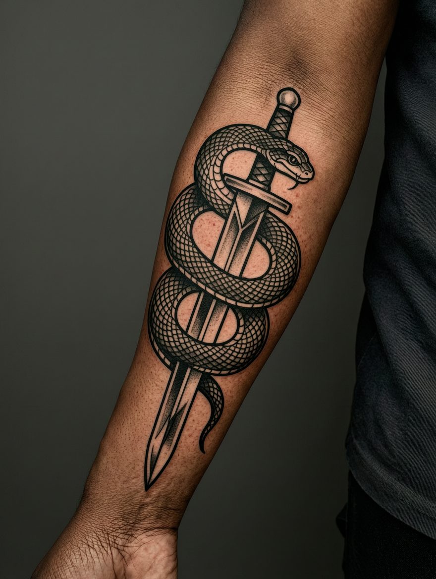 Blackwork snake and dagger tattoo on a forearm, by Vex