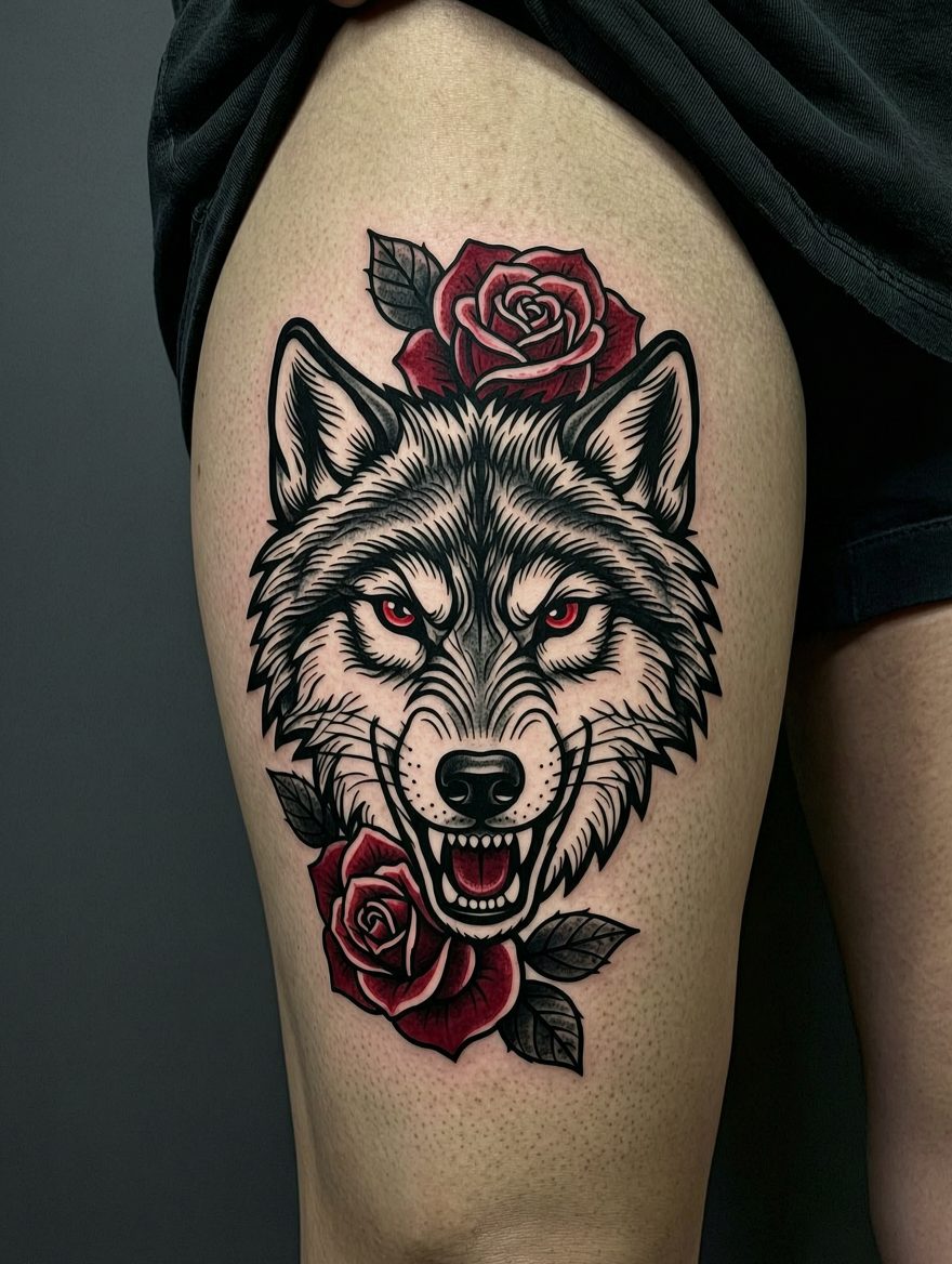 Neo-traditional wolf head tattoo in black and deep red on a thigh, by Vex